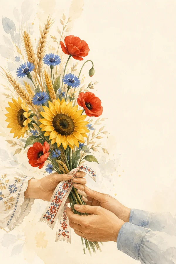 Two pairs of hands passing a bouquet with sunflowers, poppies, cornflowers and wheat