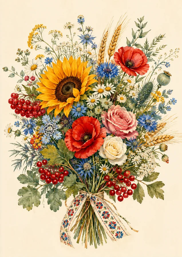 Bright bouquet of sunflowers, poppies, cornflowers, wheat, roses and red berries tied with a floral ribbon
