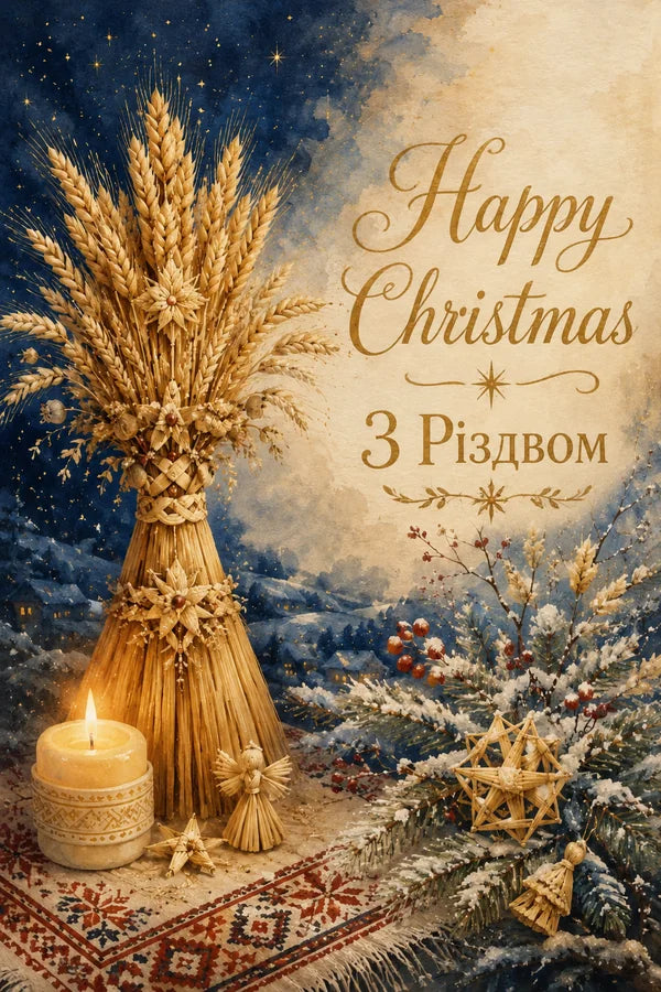Bilingual Christmas card with a Ukrainian didukh, candle, straw stars and snowy landscape