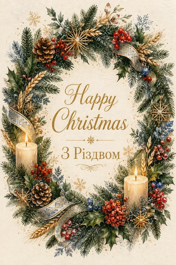 Bilingual Christmas card with an evergreen wreath, winter berries, wheat, candles and woven ribbon