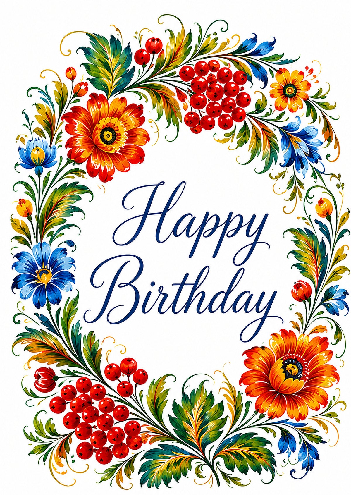 Happy Birthday card with a colourful Ukrainian-inspired floral wreath on white