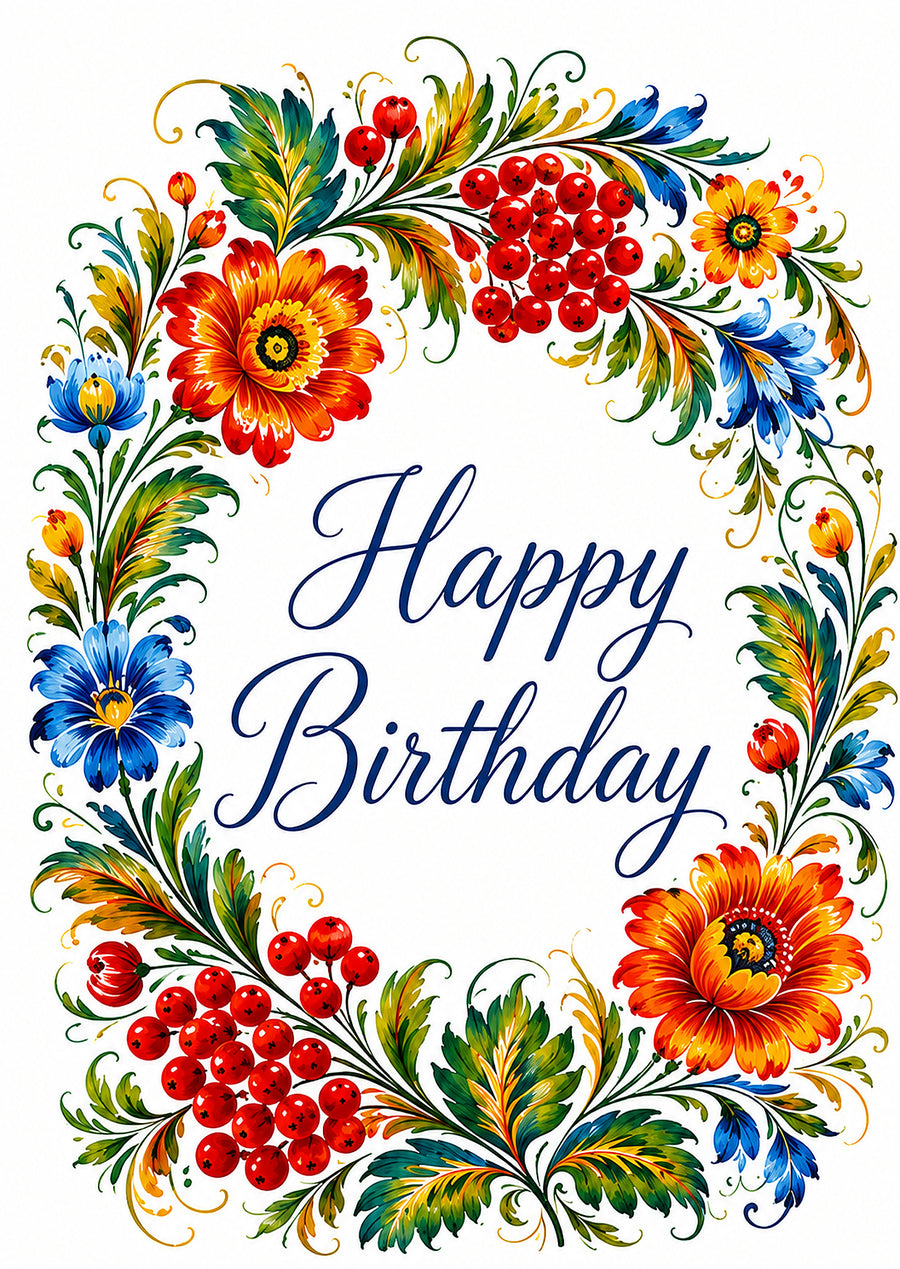 Happy Birthday card with a colourful Ukrainian-inspired floral wreath on white