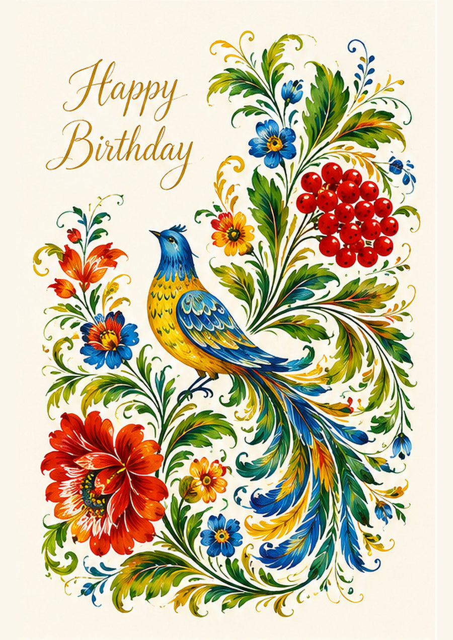 Happy Birthday card with a blue bird and colourful Petrykivka-inspired flowers