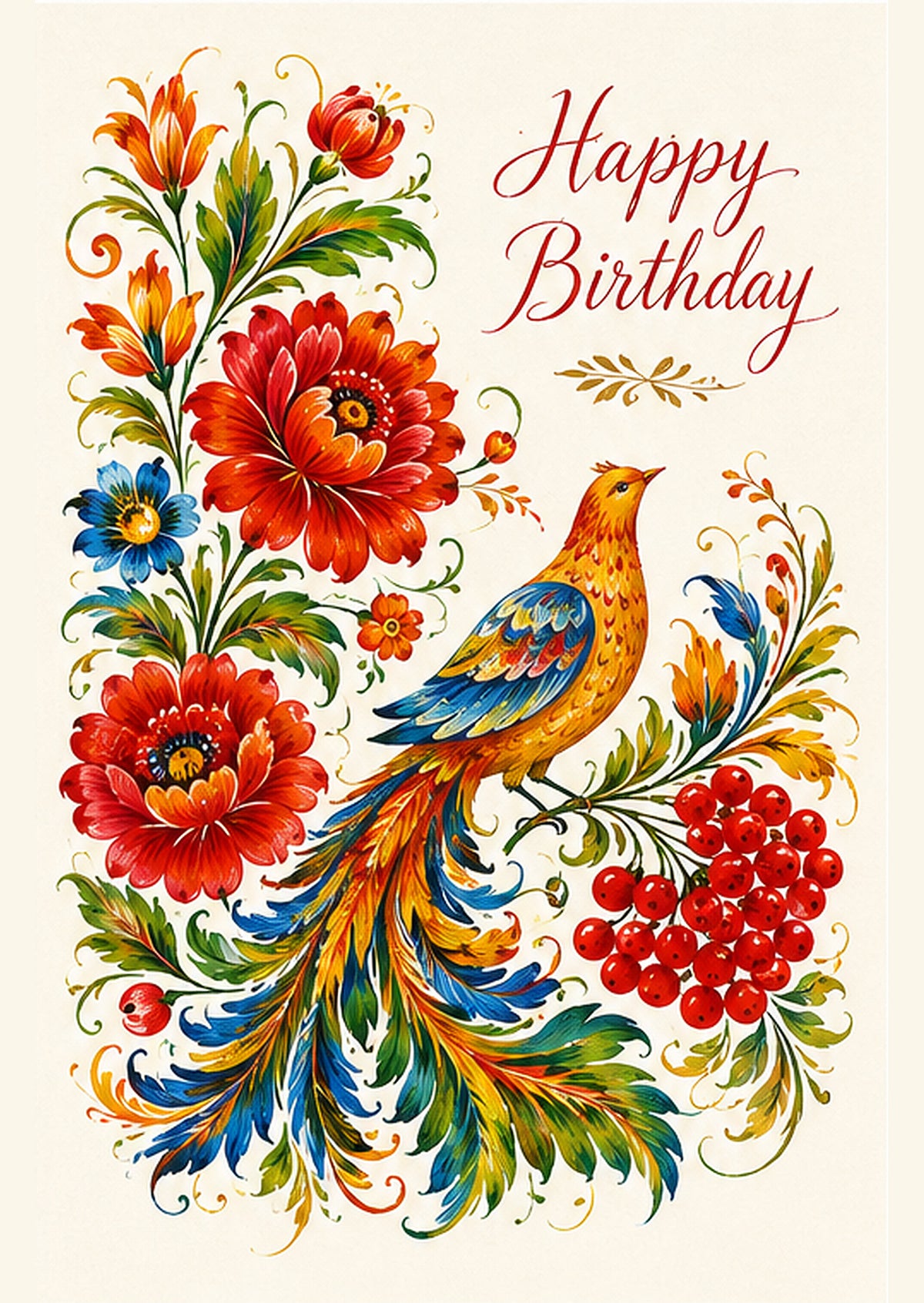 Happy Birthday card with a golden bird and vivid Petrykivka-inspired flowers