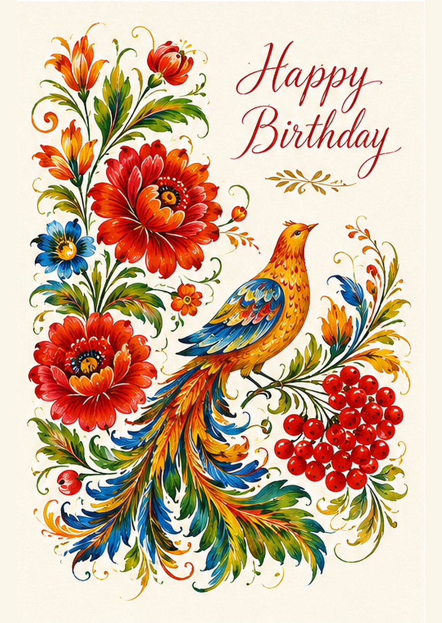 Happy Birthday card with a golden bird and vivid Petrykivka-inspired flowers
