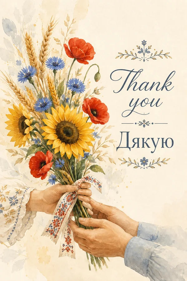 Bilingual thank-you card with hands passing sunflowers, poppies, cornflowers and wheat