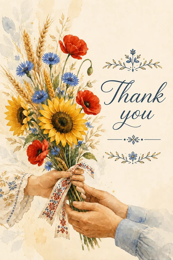 English thank-you card with sunflowers, poppies, cornflowers, wheat and a folk-inspired ribbon