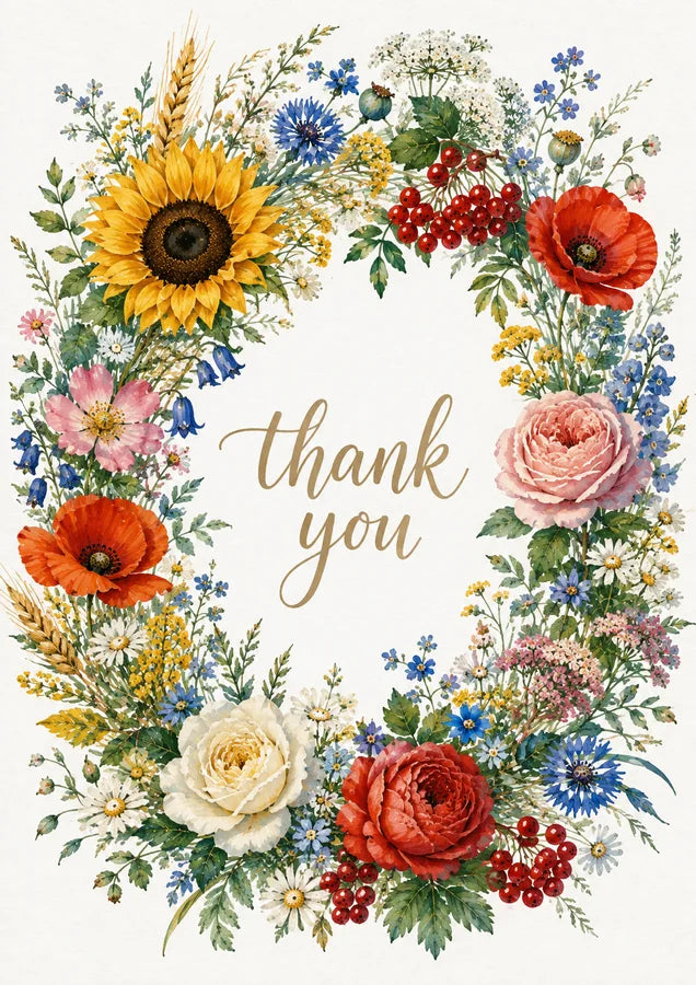 English thank-you card surrounded by sunflowers, poppies, cornflowers, roses, wheat and red berries
