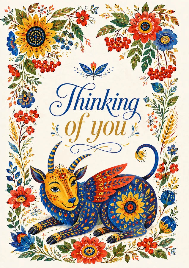 Thinking-of-you card with a colourful horned folk-inspired creature surrounded by flowers and wheat