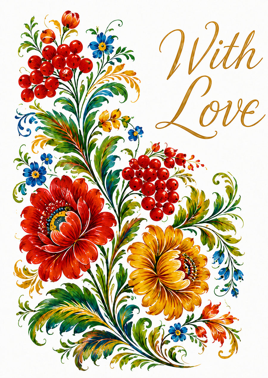 With Love card with a colourful Ukrainian-inspired floral composition on white